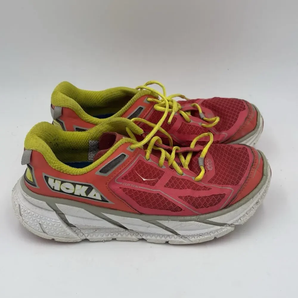 Hoka One One Clifton 1 Women's Size 7 Coral And Yellow Running Shoes F10014G